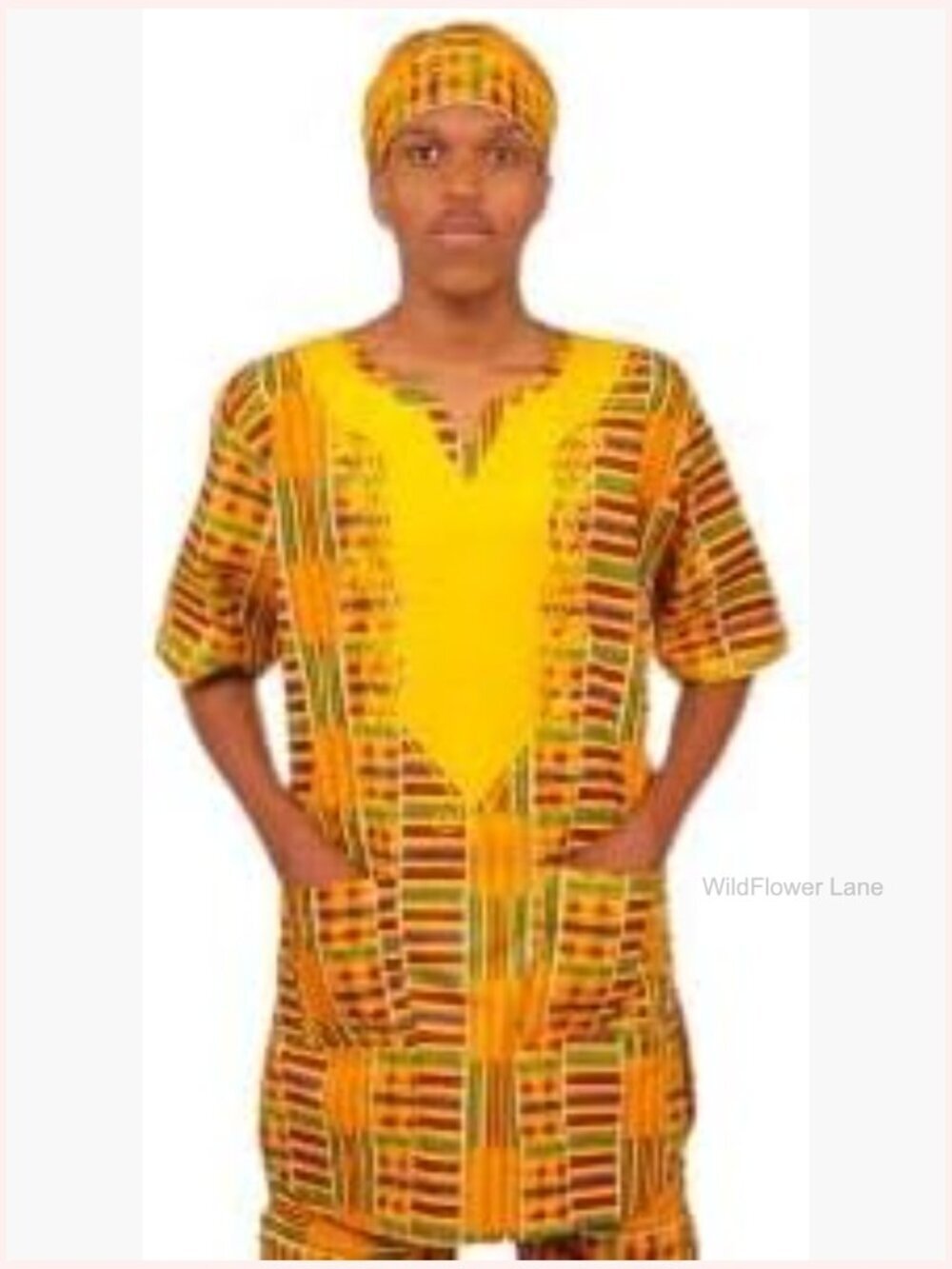 Traditional Kente Dashiki V-Neck Top, Cotton, Short Sleeve, Orange, Geometric